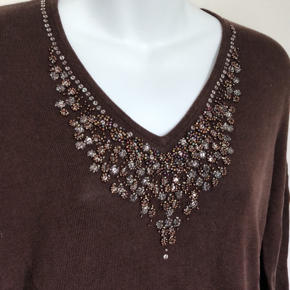 Chocolate Brown Silk Knit Beaded V Neck 3/4 Sleeve Top  M L Belford